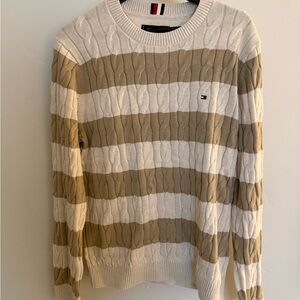 Tommy Hilfiger Men's Tan and Cream Striped Cable Knit Sweater